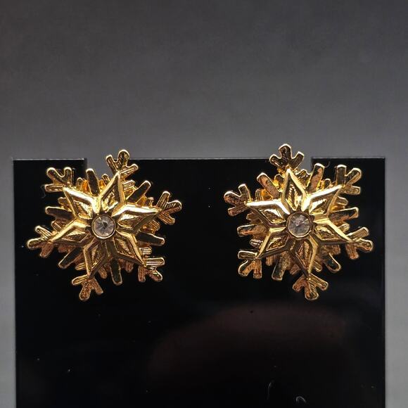 Avon 1988 Glistening Snowflake Earrings In Box Gold Tone Christmas Holiday - Picture 6 of 7